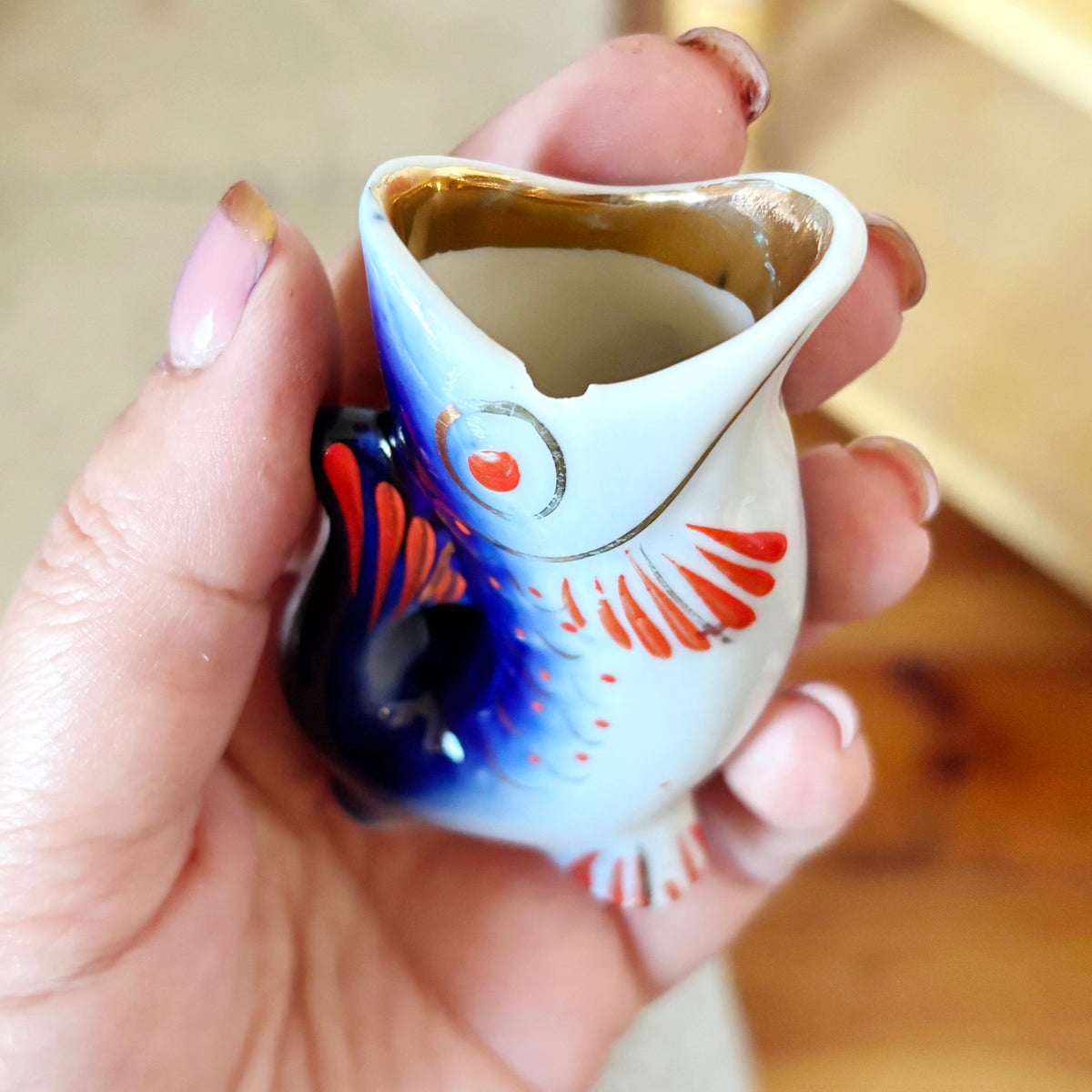 Vintage Soviet Carp Family Fish Set, Porcelain Decanter with 3 Small Fish Cups, USSR Folk Art, 1970s