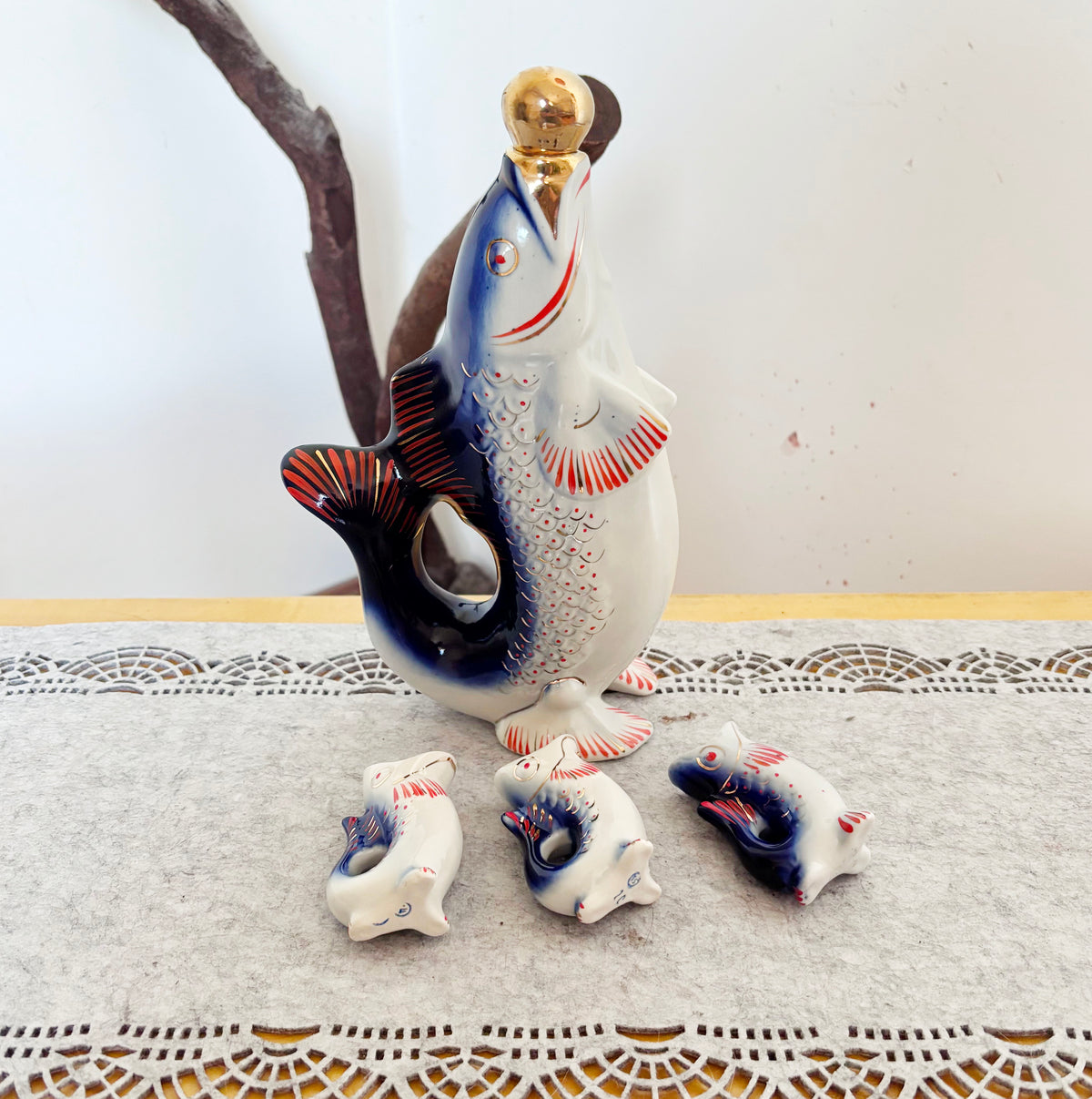 Vintage Soviet Carp Family Fish Set, Porcelain Decanter with 3 Small Fish Cups, USSR Folk Art, 1970s