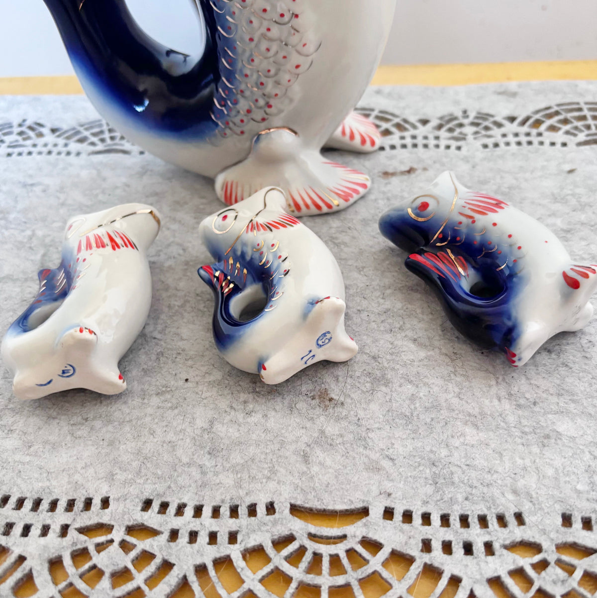 Vintage Soviet Carp Family Fish Set, Porcelain Decanter with 3 Small Fish Cups, USSR Folk Art, 1970s