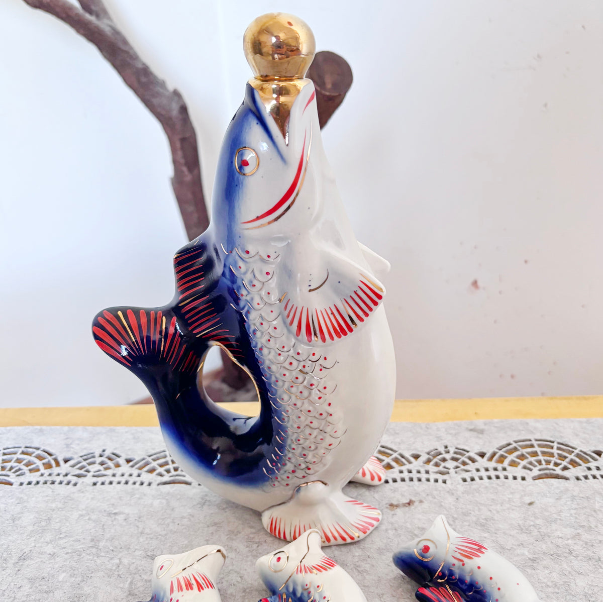 Vintage Soviet Carp Family Fish Set, Porcelain Decanter with 3 Small Fish Cups, USSR Folk Art, 1970s