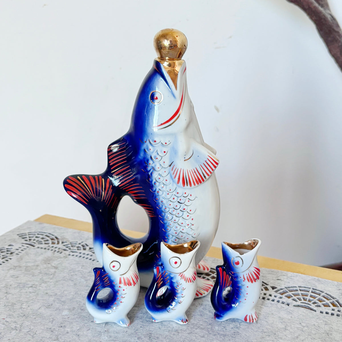 Vintage Soviet Carp Family Fish Set, Porcelain Decanter with 3 Small Fish Cups, USSR Folk Art, 1970s