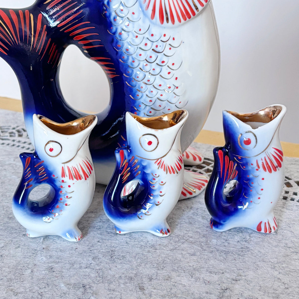 Vintage Soviet Carp Family Fish Set, Porcelain Decanter with 3 Small Fish Cups, USSR Folk Art, 1970s