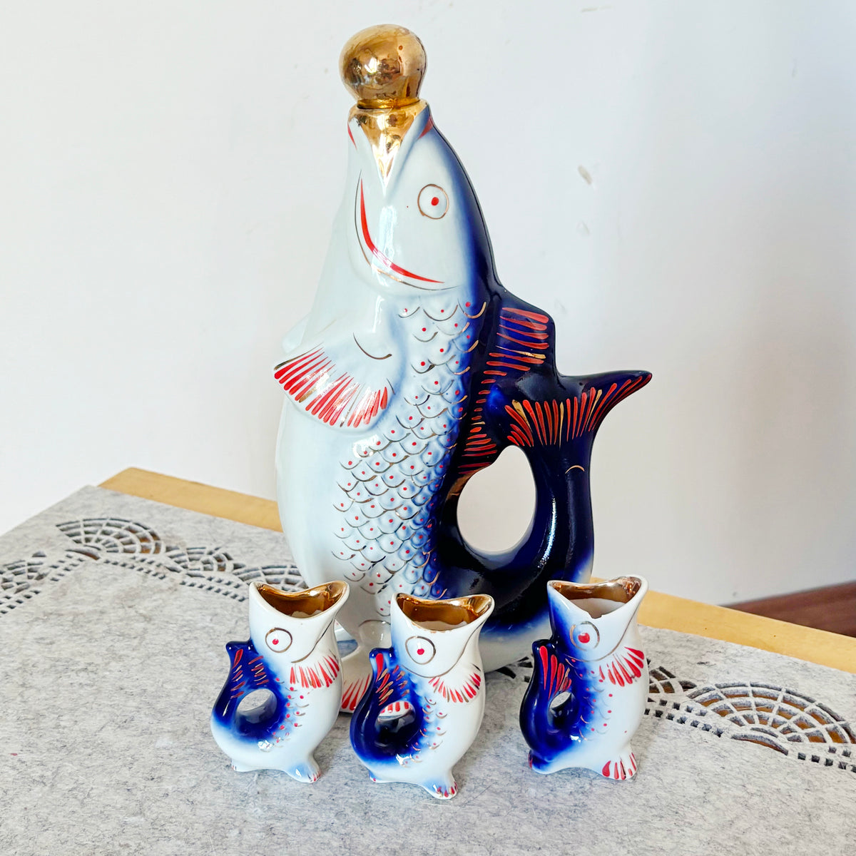Vintage Soviet Carp Family Fish Set, Porcelain Decanter with 3 Small Fish Cups, USSR Folk Art, 1970s