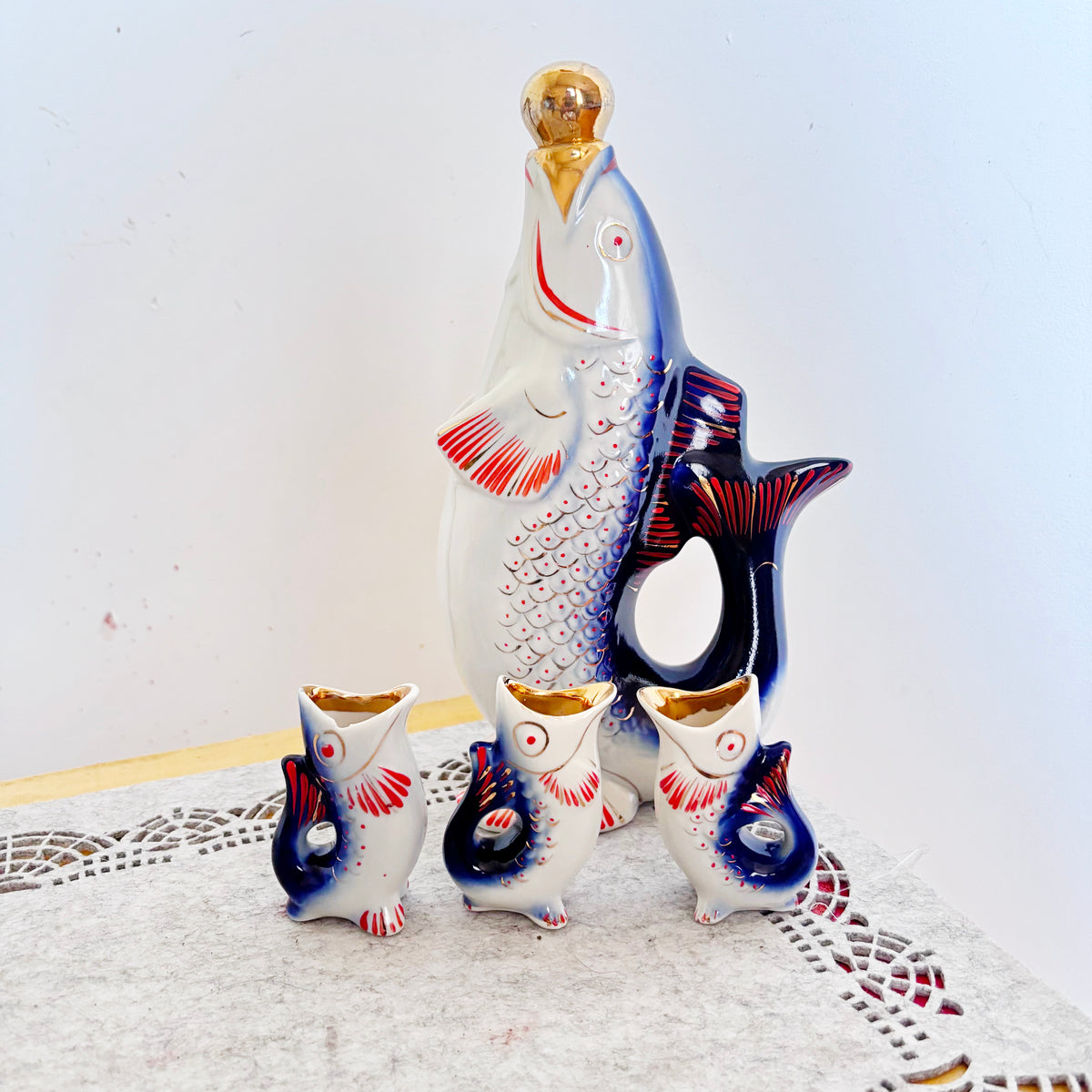 Vintage Soviet Carp Family Fish Set, Porcelain Decanter with 3 Small Fish Cups, USSR Folk Art, 1970s