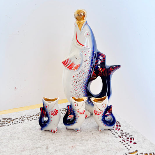 Vintage Soviet Carp Family Fish Set, Porcelain Decanter with 3 Small Fish Cups, USSR Folk Art, 1970s