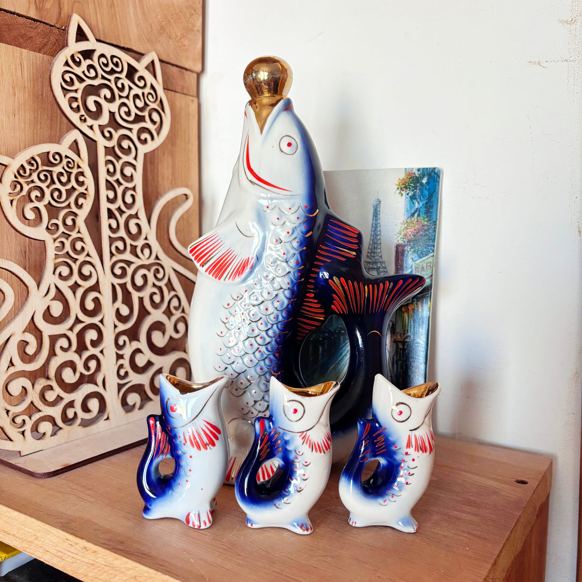 Vintage Soviet Carp Family Fish Set, Porcelain Decanter with 3 Small Fish Cups, USSR Folk Art, 1970s