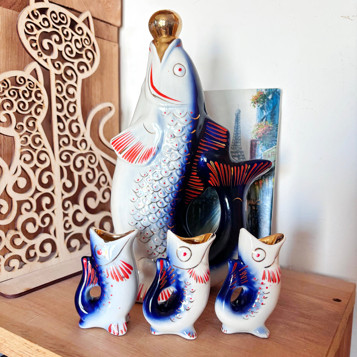 Vintage Soviet Carp Family Fish Set, Porcelain Decanter with 3 Small Fish Cups, USSR Folk Art, 1970s