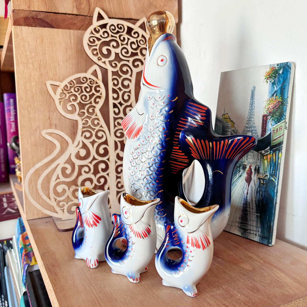 Vintage Soviet Carp Family Fish Set, Porcelain Decanter with 3 Small Fish Cups, USSR Folk Art, 1970s