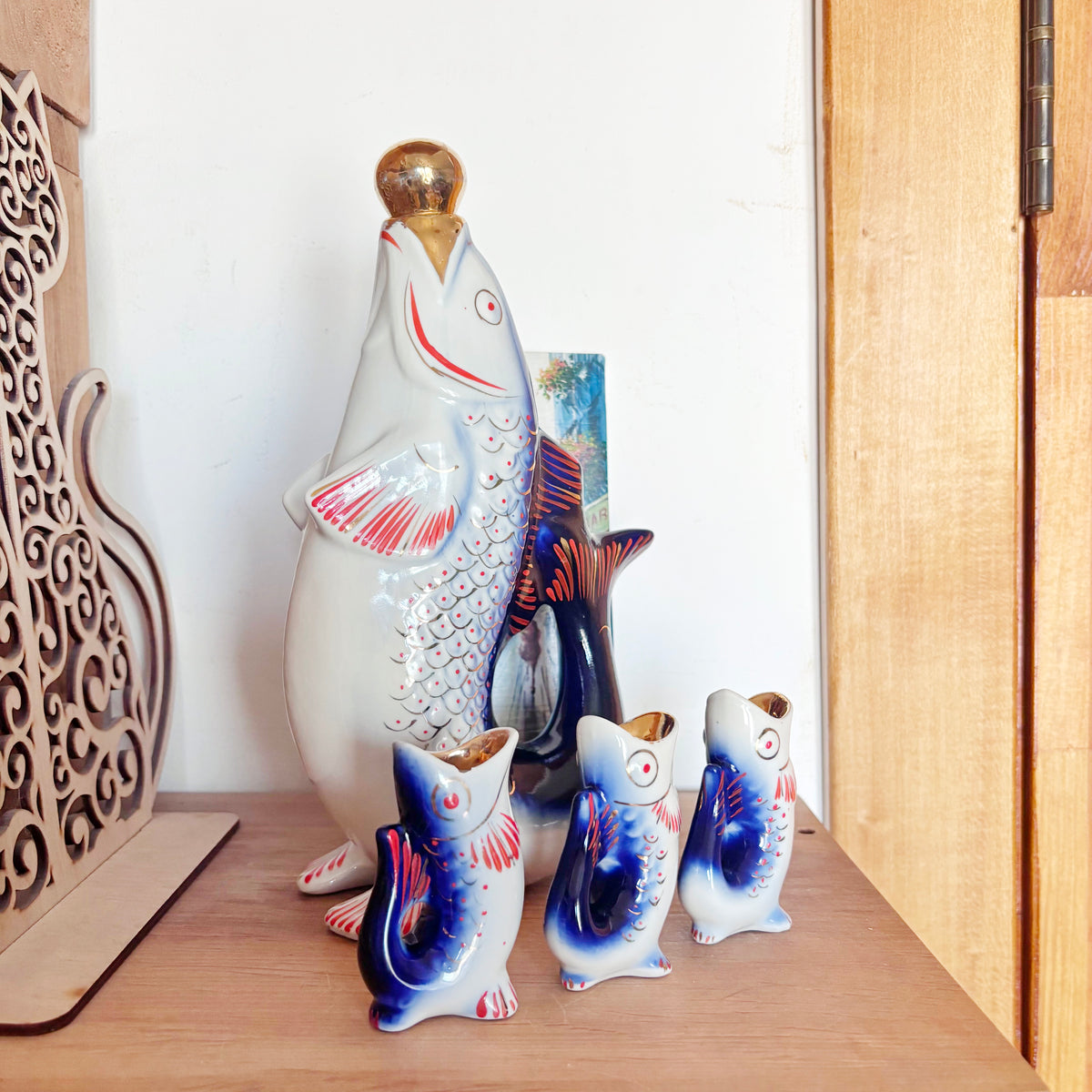 Vintage Soviet Carp Family Fish Set, Porcelain Decanter with 3 Small Fish Cups, USSR Folk Art, 1970s