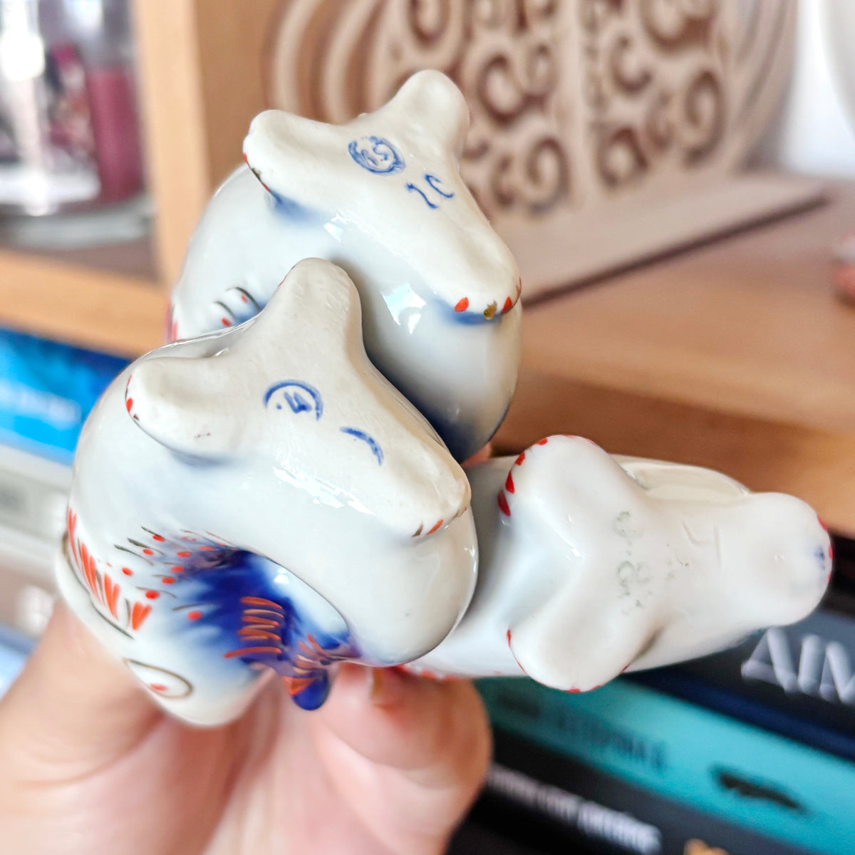 Vintage Soviet Carp Family Fish Set, Porcelain Decanter with 3 Small Fish Cups, USSR Folk Art, 1970s