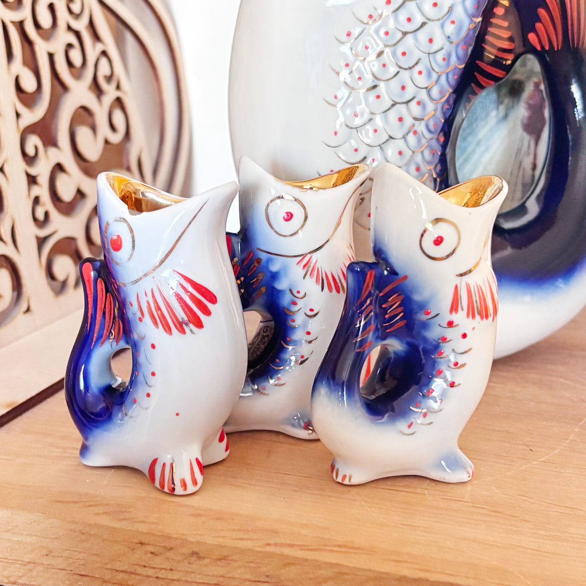 Vintage Soviet Carp Family Fish Set, Porcelain Decanter with 3 Small Fish Cups, USSR Folk Art, 1970s