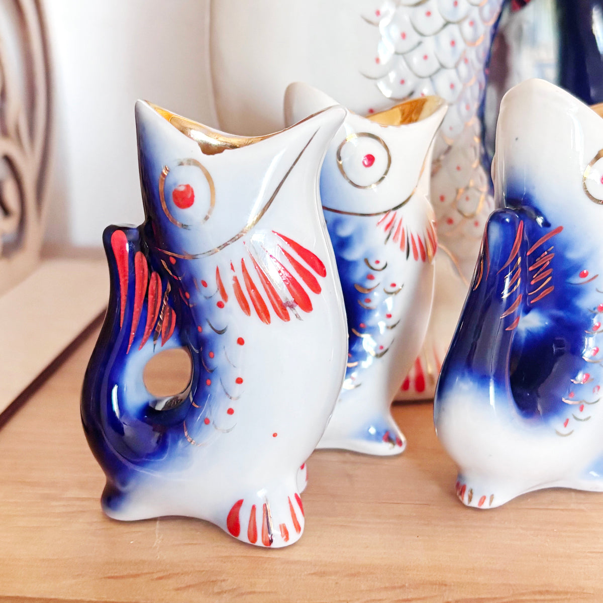 Vintage Soviet Carp Family Fish Set, Porcelain Decanter with 3 Small Fish Cups, USSR Folk Art, 1970s