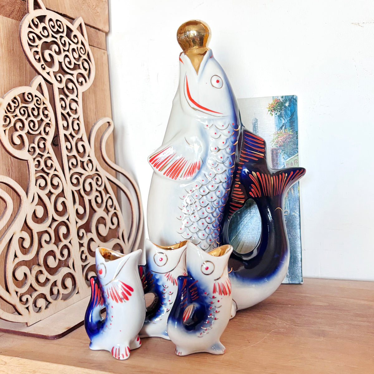 Vintage Soviet Carp Family Fish Set, Porcelain Decanter with 3 Small Fish Cups, USSR Folk Art, 1970s