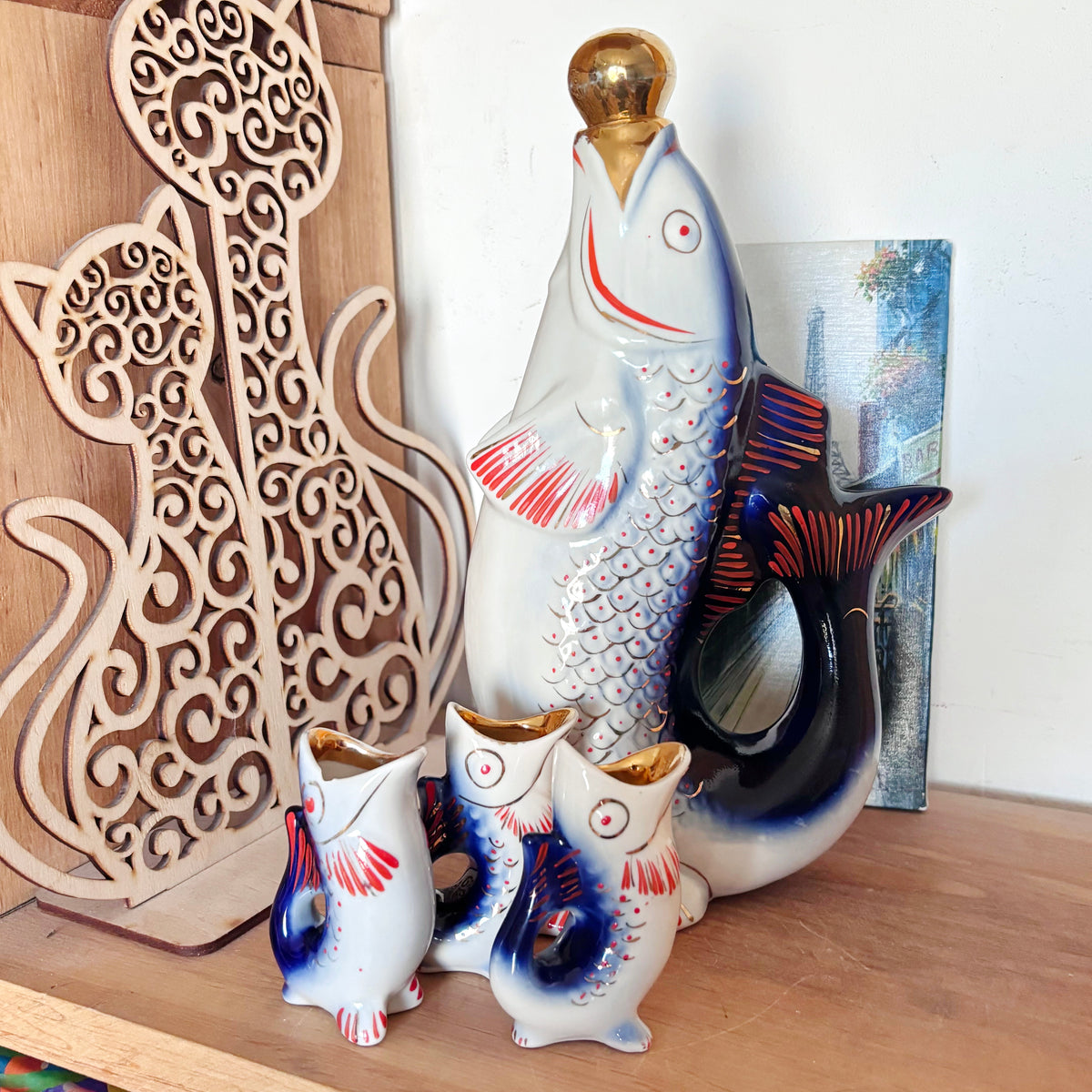 Vintage Soviet Carp Family Fish Set, Porcelain Decanter with 3 Small Fish Cups, USSR Folk Art, 1970s