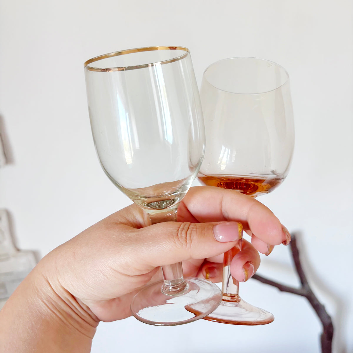 Vintage Soviet Stemmed Glasses Pair, Clear Gold-Rim Goblet and Amber Tinted Wine Glass, USSR Retro Barware