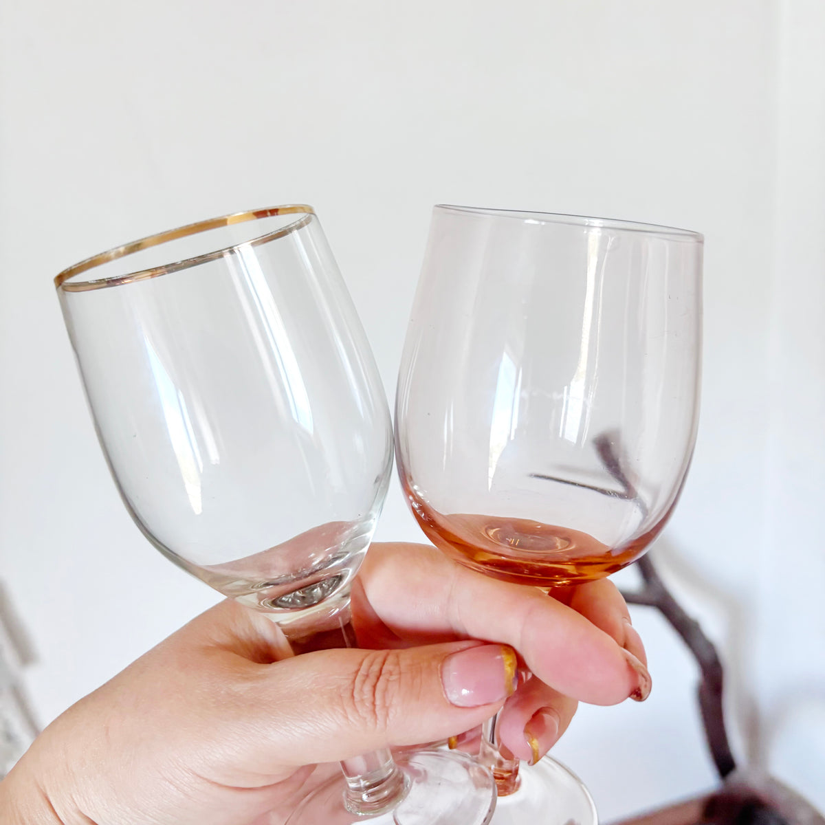 Vintage Soviet Stemmed Glasses Pair, Clear Gold-Rim Goblet and Amber Tinted Wine Glass, USSR Retro Barware