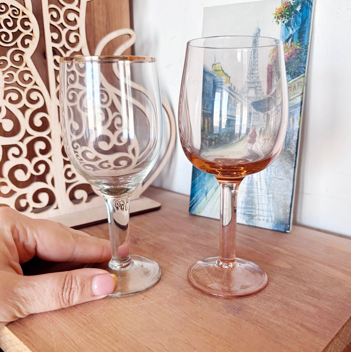 Vintage Soviet Stemmed Glasses Pair, Clear Gold-Rim Goblet and Amber Tinted Wine Glass, USSR Retro Barware