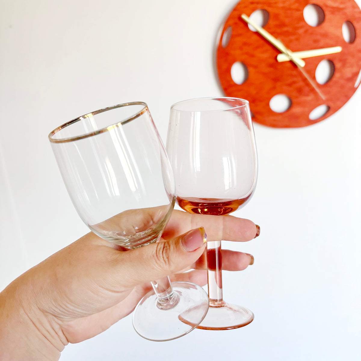 Vintage Soviet Stemmed Glasses Pair, Clear Gold-Rim Goblet and Amber Tinted Wine Glass, USSR Retro Barware