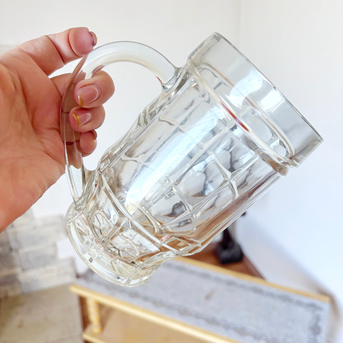 Vintage Soviet Glass Beer Mug, 500 ml Heavy Geometric Tankard, USSR Retro Barware, 1970s–1980s
