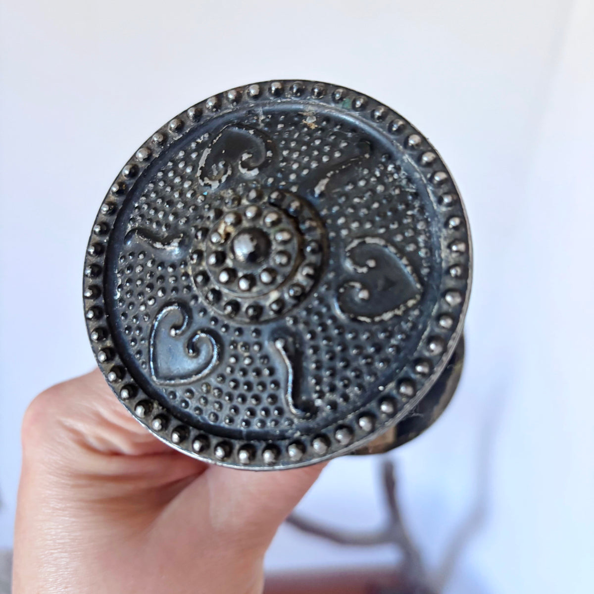 Antique Victorian Door Knob Pair with Ornate Metal Backplates, Threaded Spindle, Eastlake Style Architectural Salvage