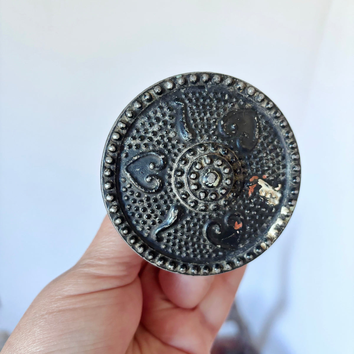 Antique Victorian Door Knob Pair with Ornate Metal Backplates, Threaded Spindle, Eastlake Style Architectural Salvage