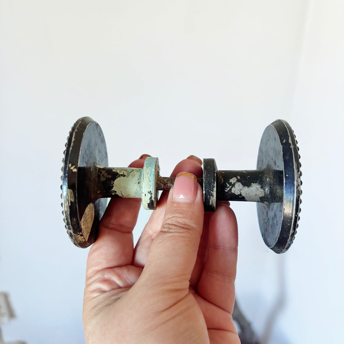 Antique Victorian Door Knob Pair with Ornate Metal Backplates, Threaded Spindle, Eastlake Style Architectural Salvage