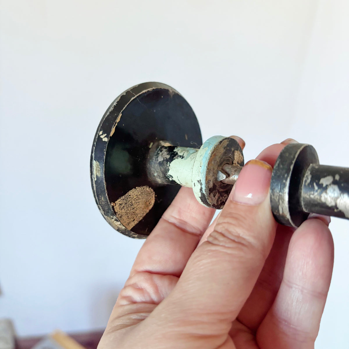 Antique Victorian Door Knob Pair with Ornate Metal Backplates, Threaded Spindle, Eastlake Style Architectural Salvage