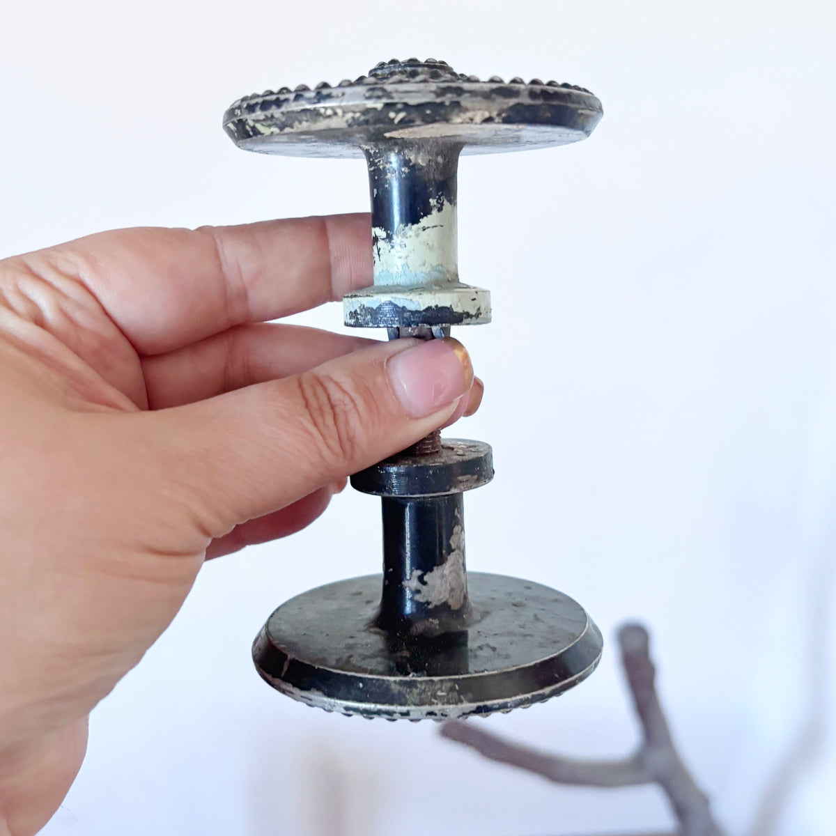 Antique Victorian Door Knob Pair with Ornate Metal Backplates, Threaded Spindle, Eastlake Style Architectural Salvage