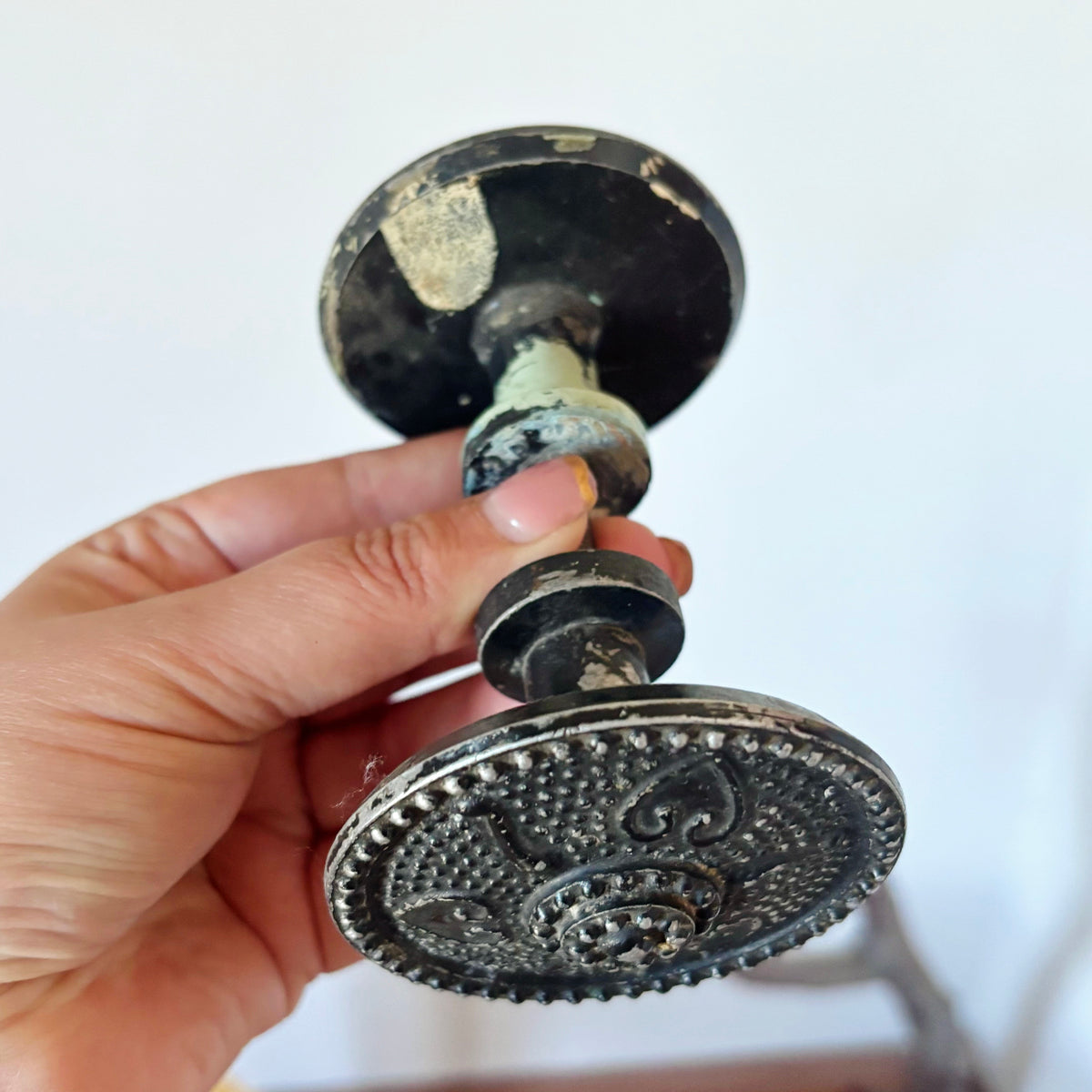 Antique Victorian Door Knob Pair with Ornate Metal Backplates, Threaded Spindle, Eastlake Style Architectural Salvage