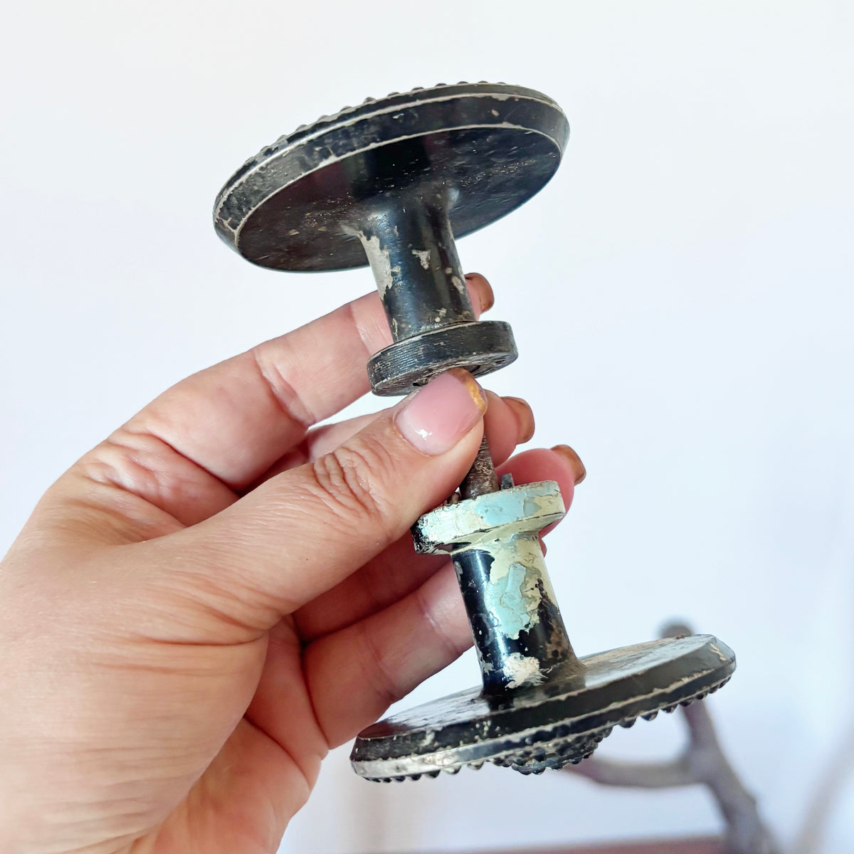 Antique Victorian Door Knob Pair with Ornate Metal Backplates, Threaded Spindle, Eastlake Style Architectural Salvage