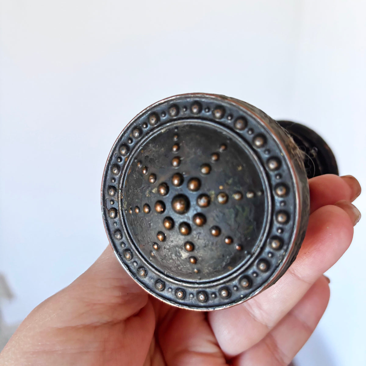 Antique Style Door Knob Pair, Art Nouveau Inspired Dotted Sunburst Design, Dark Patina Metal Hardware, Architectural Salvage