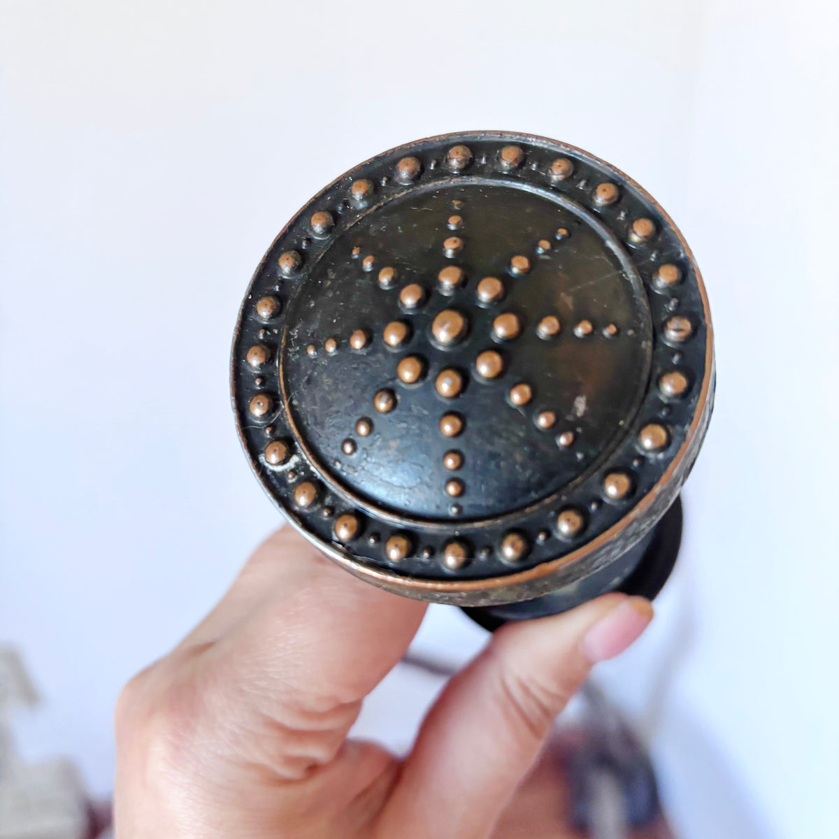 Antique Style Door Knob Pair, Art Nouveau Inspired Dotted Sunburst Design, Dark Patina Metal Hardware, Architectural Salvage