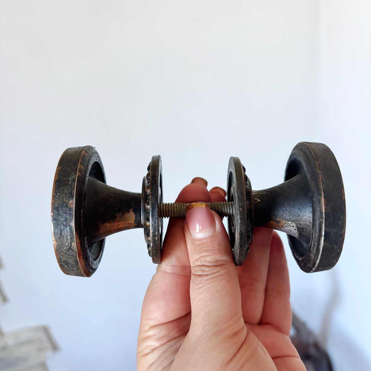 Antique Style Door Knob Pair, Art Nouveau Inspired Dotted Sunburst Design, Dark Patina Metal Hardware, Architectural Salvage