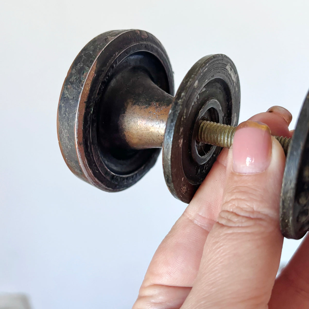 Antique Style Door Knob Pair, Art Nouveau Inspired Dotted Sunburst Design, Dark Patina Metal Hardware, Architectural Salvage