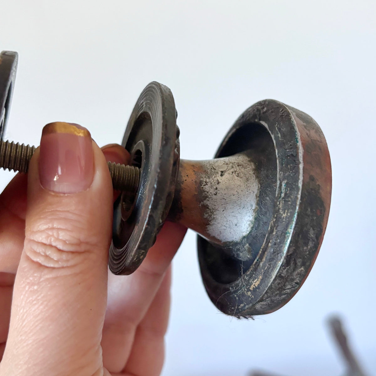 Antique Style Door Knob Pair, Art Nouveau Inspired Dotted Sunburst Design, Dark Patina Metal Hardware, Architectural Salvage