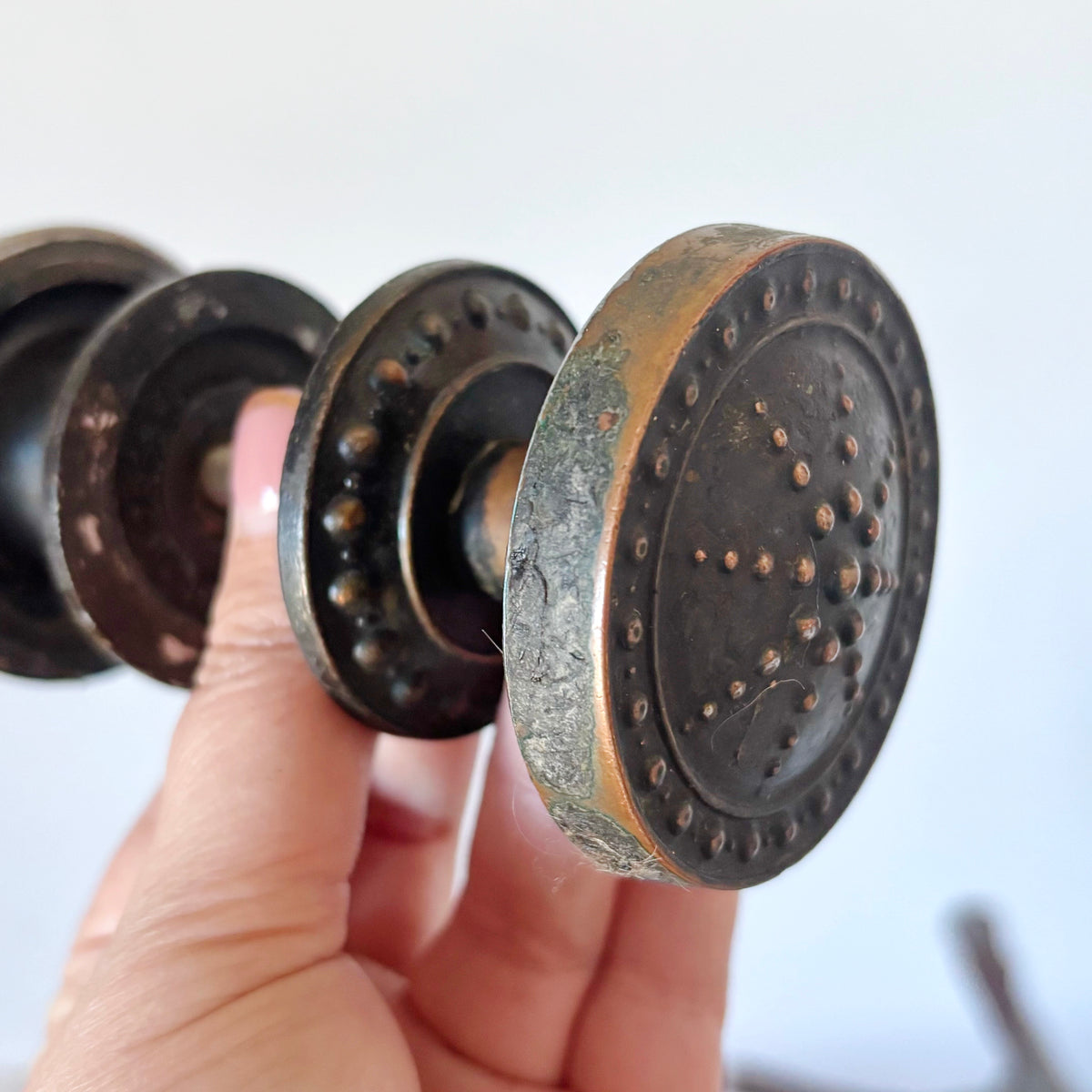 Antique Style Door Knob Pair, Art Nouveau Inspired Dotted Sunburst Design, Dark Patina Metal Hardware, Architectural Salvage