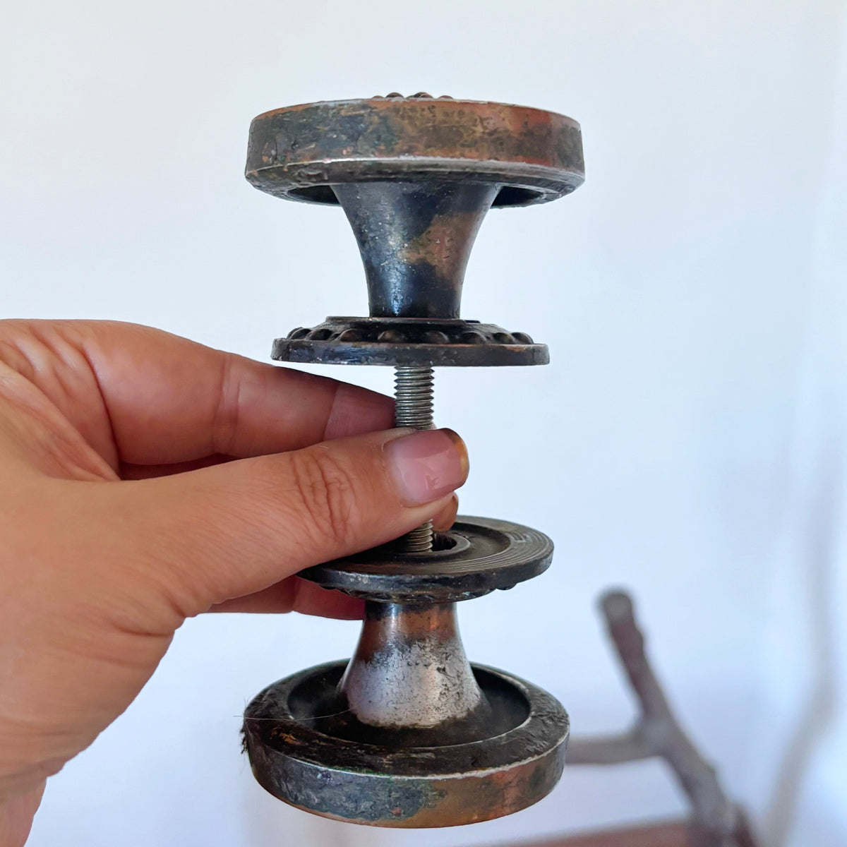 Antique Style Door Knob Pair, Art Nouveau Inspired Dotted Sunburst Design, Dark Patina Metal Hardware, Architectural Salvage