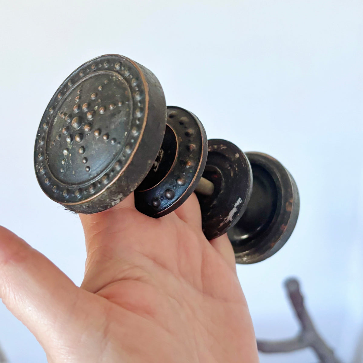 Antique Style Door Knob Pair, Art Nouveau Inspired Dotted Sunburst Design, Dark Patina Metal Hardware, Architectural Salvage