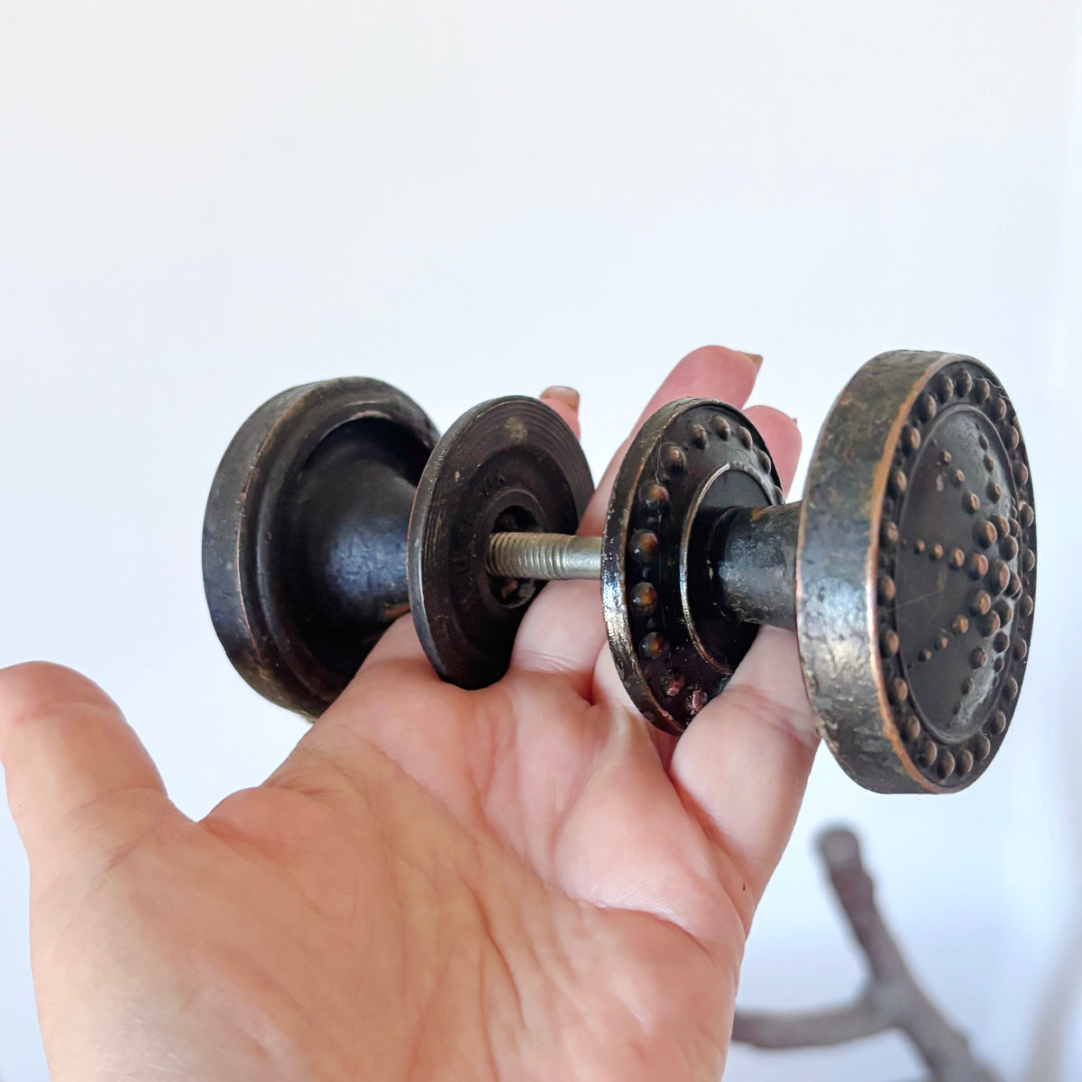 Antique Style Door Knob Pair, Art Nouveau Inspired Dotted Sunburst Design, Dark Patina Metal Hardware, Architectural Salvage