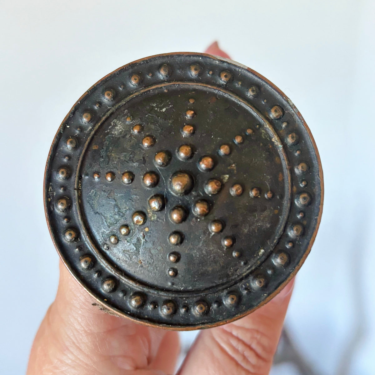 Antique Style Door Knob Pair, Art Nouveau Inspired Dotted Sunburst Design, Dark Patina Metal Hardware, Architectural Salvage