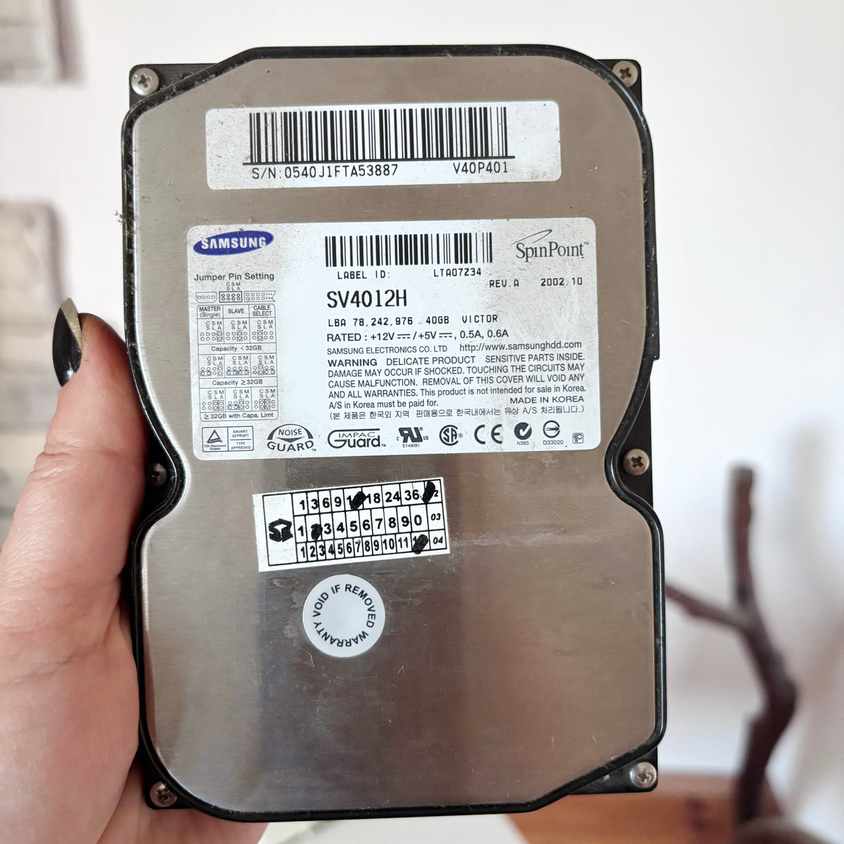 Vintage Samsung SpinPoint V40 40GB IDE Hard Drive, SV4012H, 3.5 Inch Retro PC HDD, Made in Korea, Untested 2002