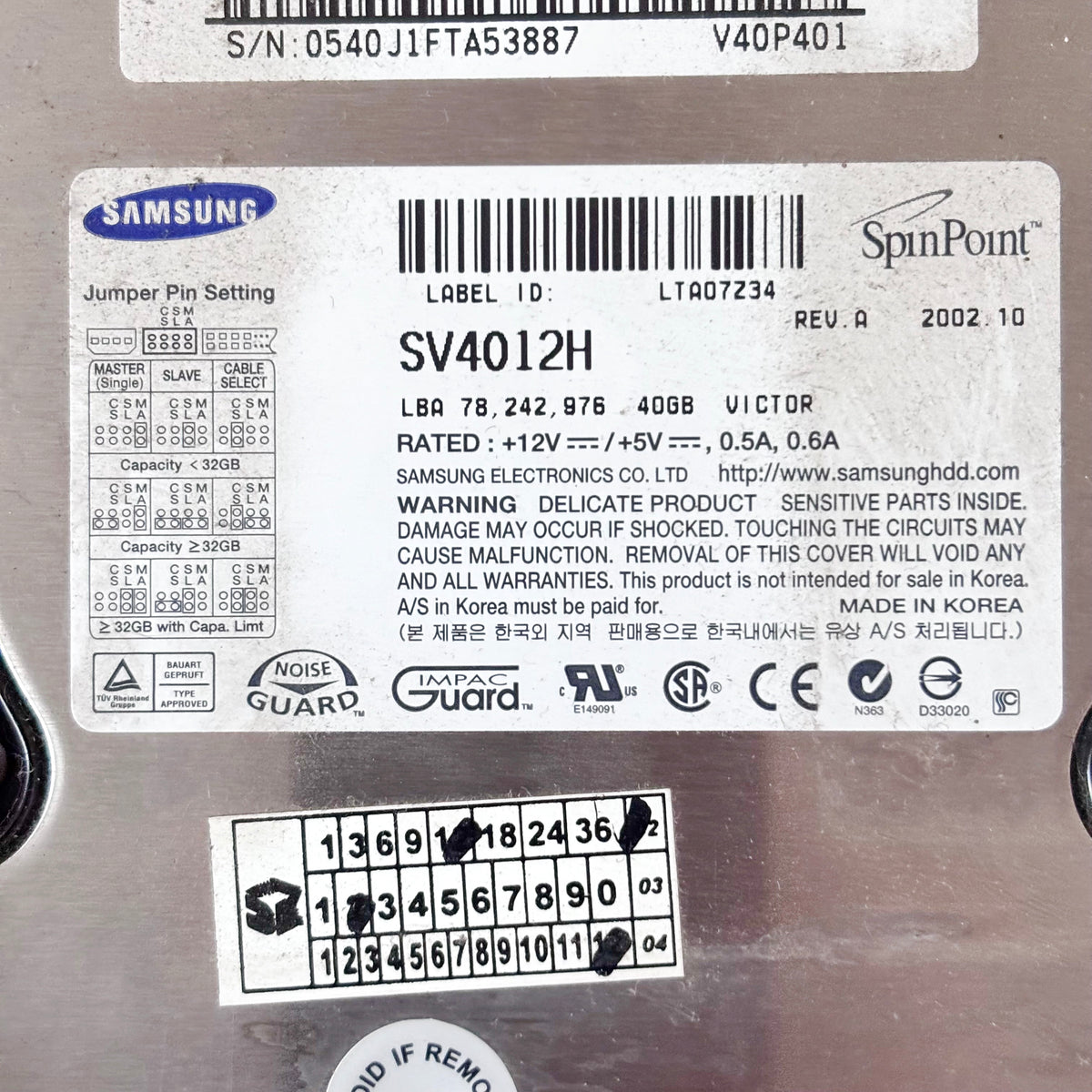 Vintage Samsung SpinPoint V40 40GB IDE Hard Drive, SV4012H, 3.5 Inch Retro PC HDD, Made in Korea, Untested 2002