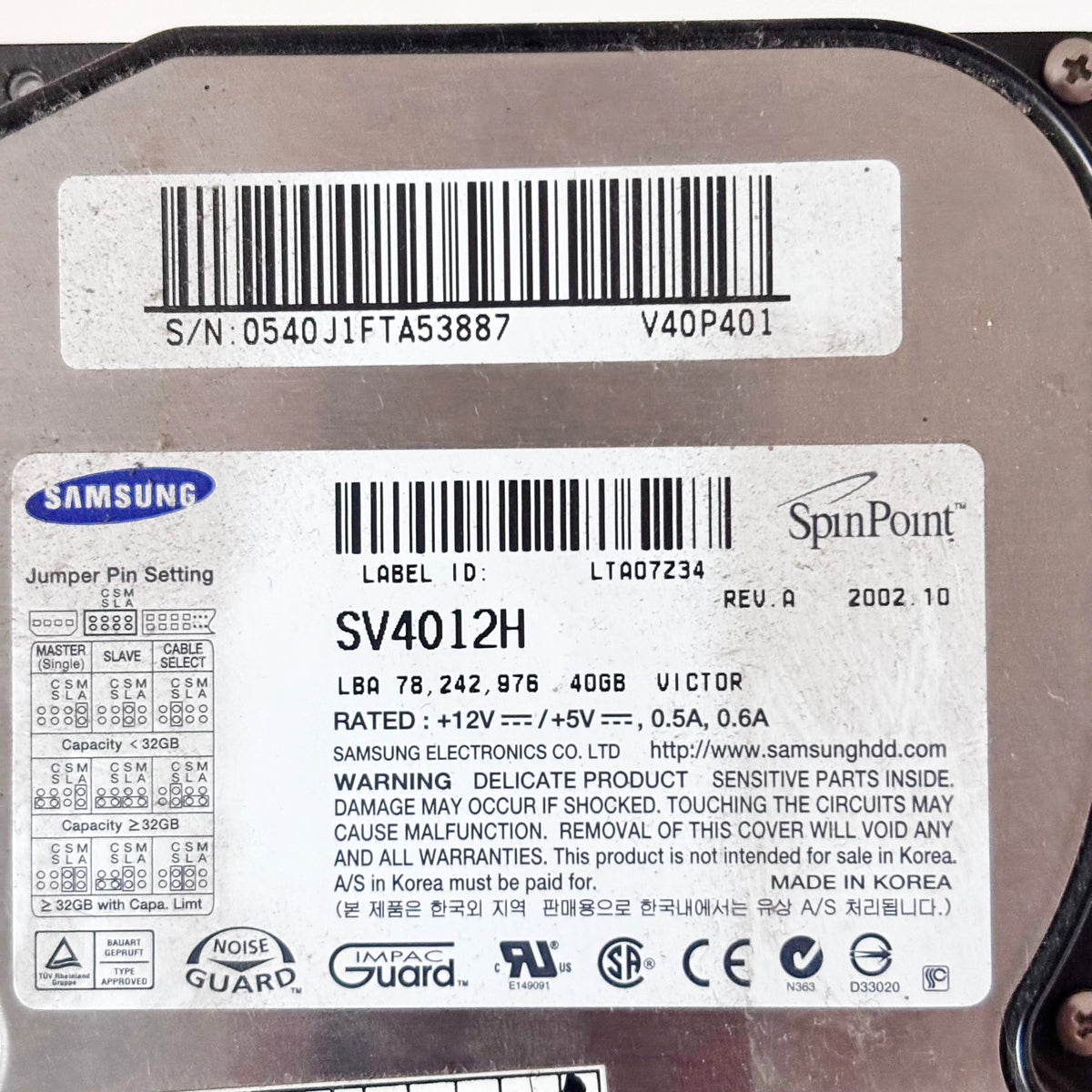 Vintage Samsung SpinPoint V40 40GB IDE Hard Drive, SV4012H, 3.5 Inch Retro PC HDD, Made in Korea, Untested 2002