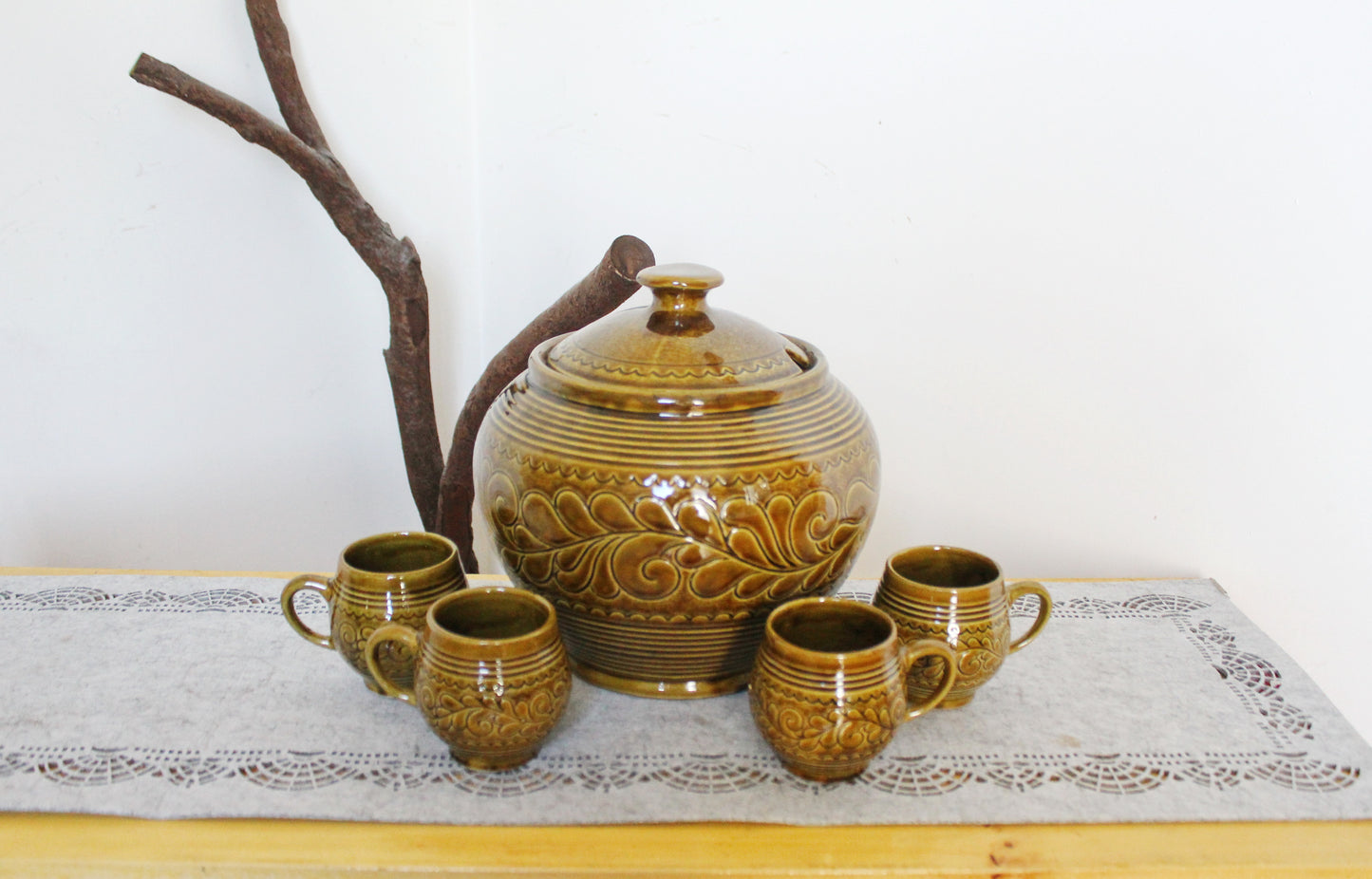 Rare Vintage German Punch Set - Marzi & Remy - Mid-Century Stoneware Beverage Set - 5-Piece Party Set - Brown Hand-Glazed Ceramic
