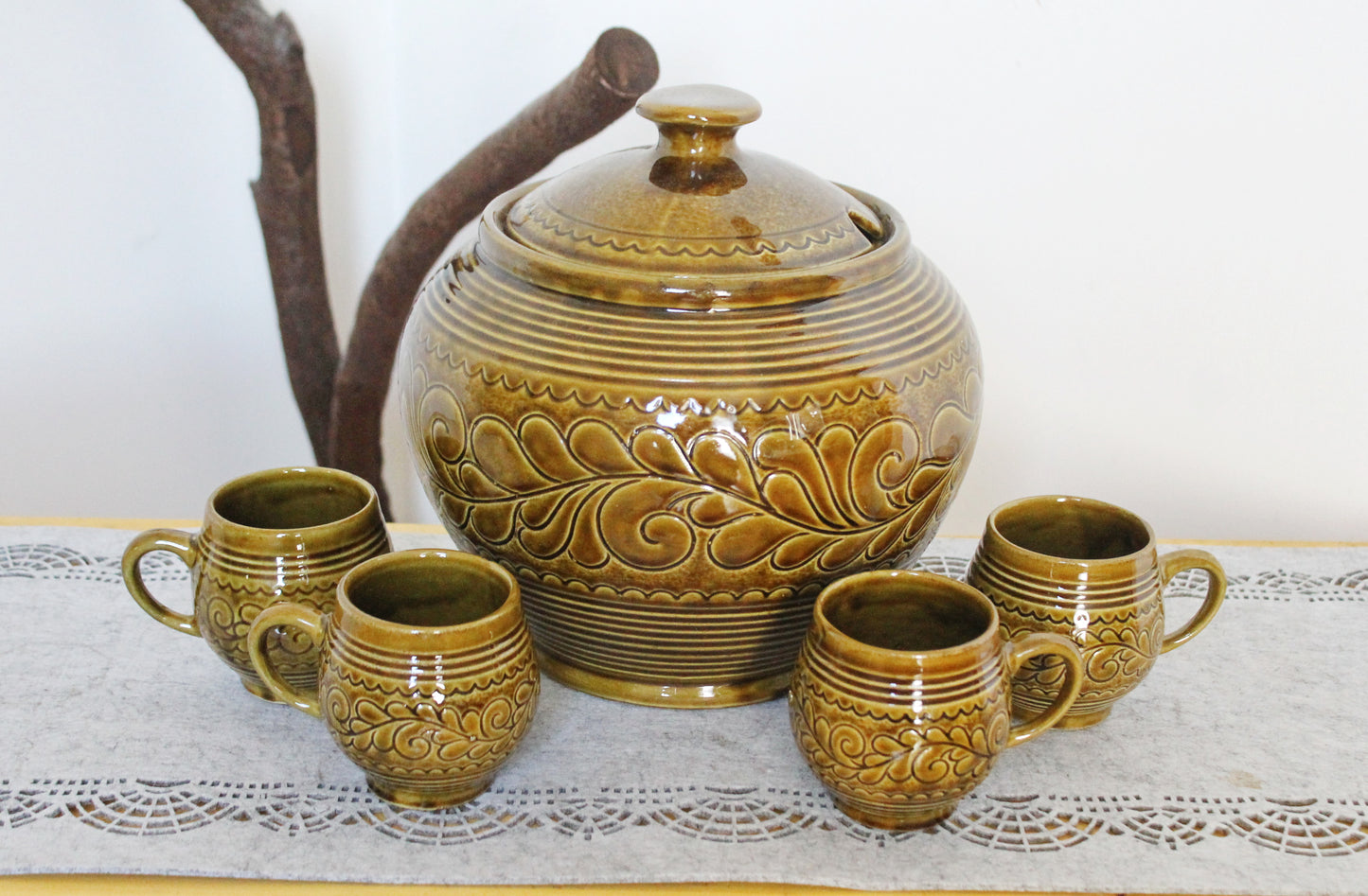 Rare Vintage German Punch Set - Marzi & Remy - Mid-Century Stoneware Beverage Set - 5-Piece Party Set - Brown Hand-Glazed Ceramic