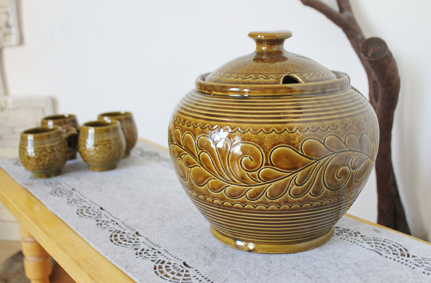 Rare Vintage German Punch Set - Marzi & Remy - Mid-Century Stoneware Beverage Set - 5-Piece Party Set - Brown Hand-Glazed Ceramic