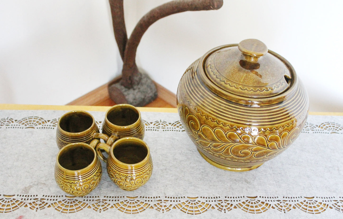 Rare Vintage German Punch Set - Marzi & Remy - Mid-Century Stoneware Beverage Set - 5-Piece Party Set - Brown Hand-Glazed Ceramic