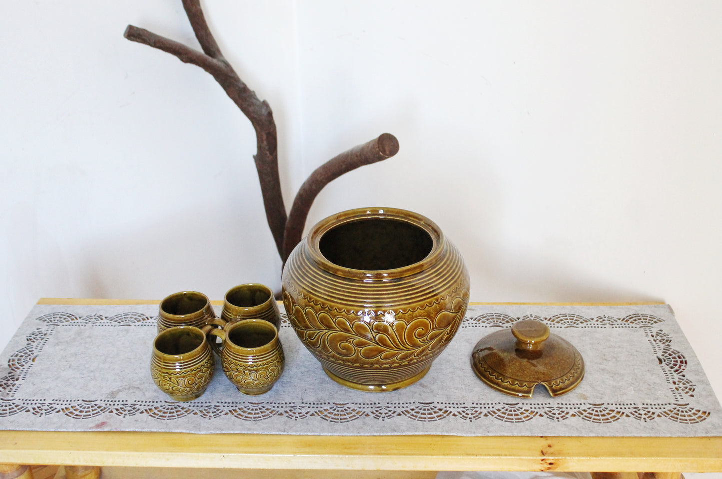 Rare Vintage German Punch Set - Marzi & Remy - Mid-Century Stoneware Beverage Set - 5-Piece Party Set - Brown Hand-Glazed Ceramic