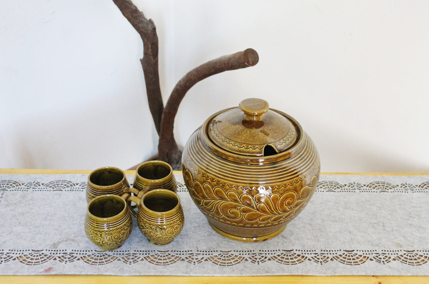 Rare Vintage German Punch Set - Marzi & Remy - Mid-Century Stoneware Beverage Set - 5-Piece Party Set - Brown Hand-Glazed Ceramic