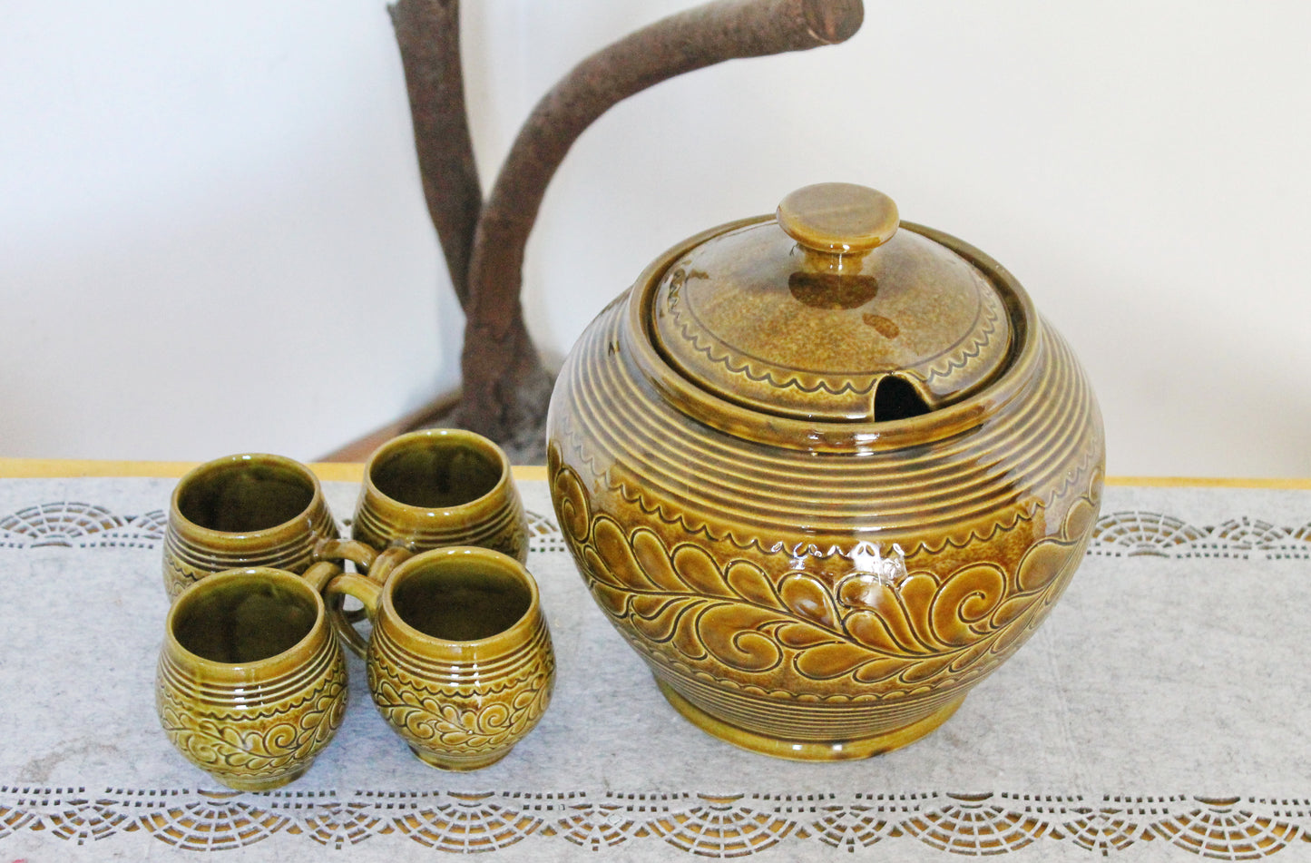 Rare Vintage German Punch Set - Marzi & Remy - Mid-Century Stoneware Beverage Set - 5-Piece Party Set - Brown Hand-Glazed Ceramic